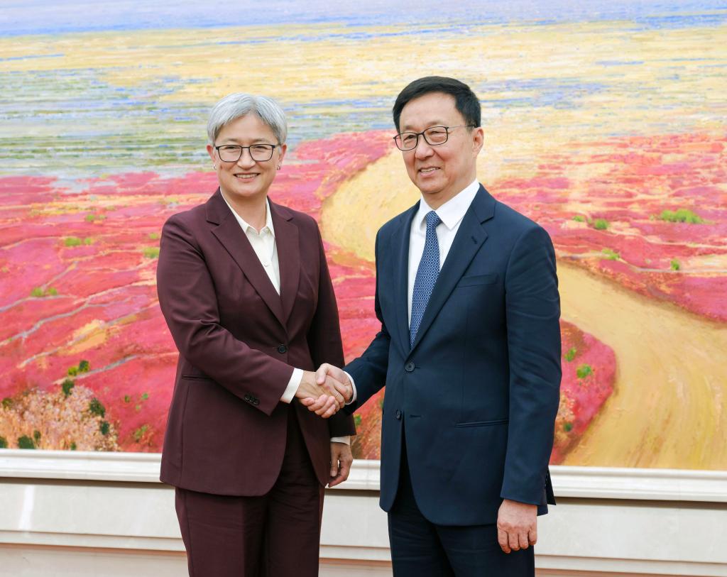 El vicepresidente chino, Han Zheng, se reúne con la ministra de Relaciones Exteriores de Australia, Penny Wong, en Beijing, capital de China, el 29 de abril de 2026. (Xinhua/Ding Lin)